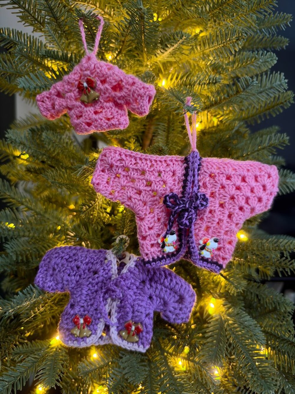 Handmade Crochet Ugly Christmas Sweaters Hanging Pink Purple Ornaments Set of 3
